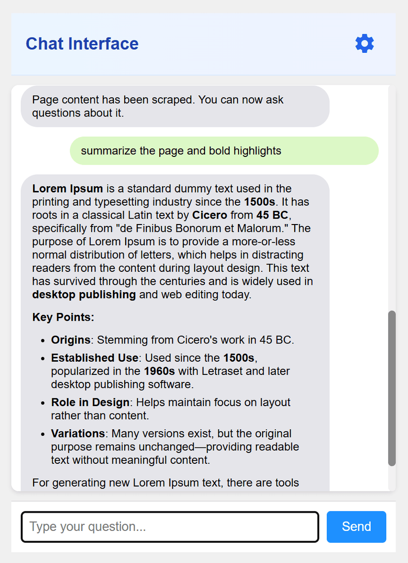 Talk2Page chat interface showing conversation with scraped webpage content